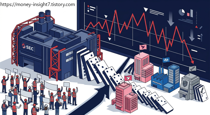 다크 네이비와 레드 컬러 중심의 금융 뉴스 스타일 인포그래픽 일러스트. 좌측에 'SEC' 로고가 새겨진 대형 삼성전자 공장 건물과 피켓을 든 노동자들이 보이고, 이 공장으로부터 시작된 도미노 체인이 카카오(핑크), 현대차(블루), 방산 기업(그레이) 건물로 차례로 쓰러지며 파업 리스크가 확산되는 모습을 시각화함. 배경에는 붉은색의 변동성 높은 주식 시장 그래프가 하향 곡선을 그리며 흐르고 있는 전문적인 에디토리얼 스타일의 이미지.