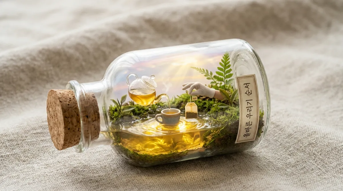 뜨거운 물을 먼저 붓고 티백을 부드럽게 얹는 올바른 우리기 순서를 보여주는 유리 보틀 속 다이어그램