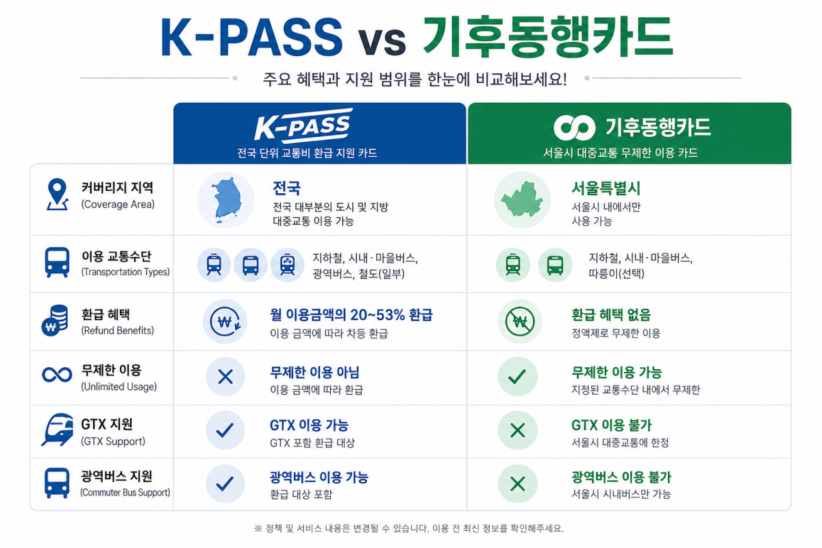 K패스와 기후동행카드의 혜택 및 이용 범위 비교 인포그래픽