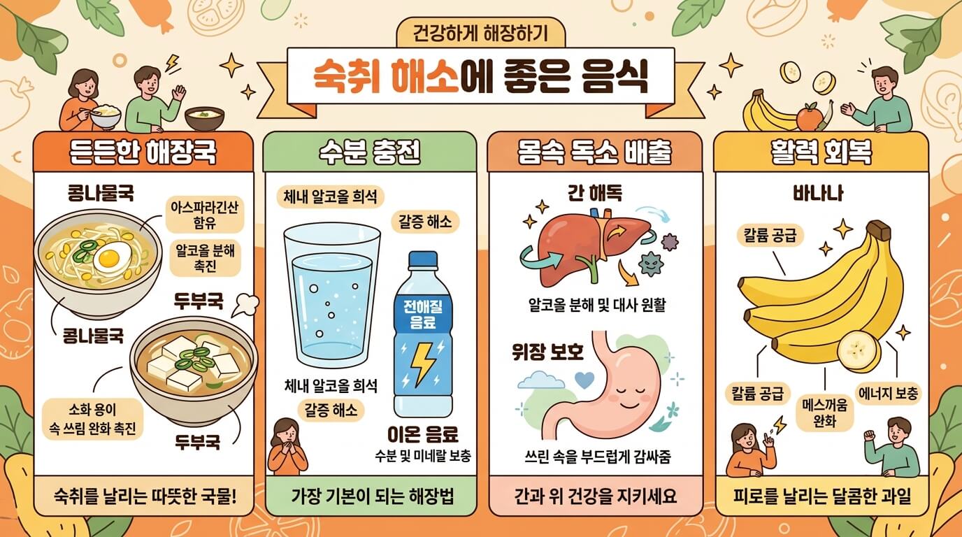 숙취 해소에 도움이 되는 해장 음식과 간 회복을 돕는 식품을 설명하는 건강 음식 인포그래픽