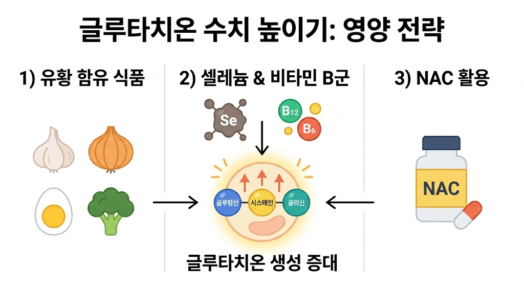 글루타치온 수치를 높이는 영양 전략을 시각화한 이미지입니다. 마늘, 브로콜리 등 유황 식품과 셀레늄, 비타민 B군 영양소, NAC 보충제가 중앙의 글루타치온 생성 시스템으로 모이는 과정을 플랫 디자인으로 그려내어 건강한 생성 원리를 한눈에 보여줍니다.