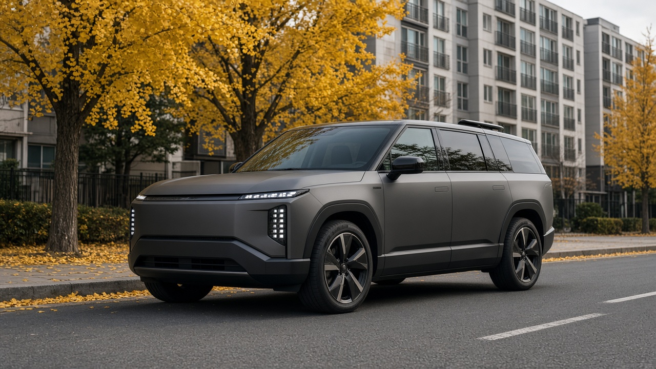 노란 은행나무가 물든 아파트 단지 앞 도로에 세워진 대형 3열 전기 SUV