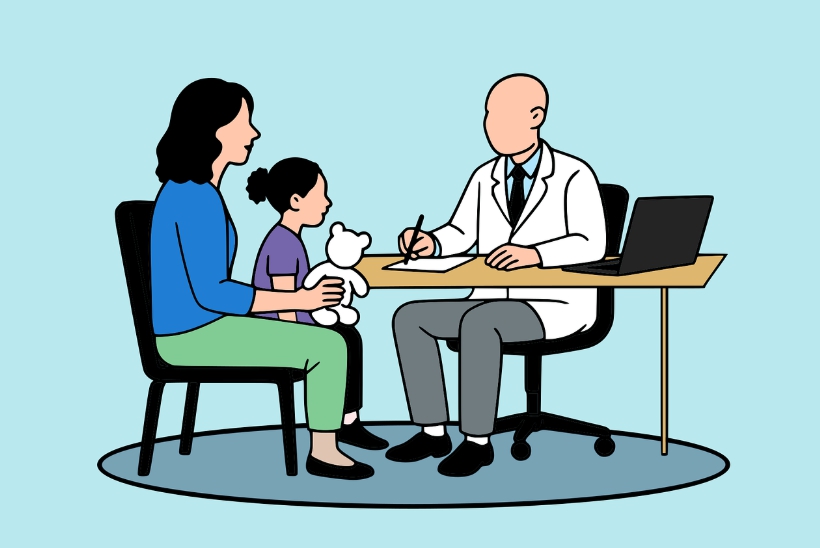 어린아이가 의사에게 진찰받는 모습