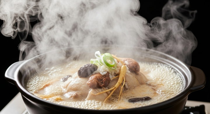 냄비에 삼계탕이 펄펄 끓고 있는 이미지 입니다.