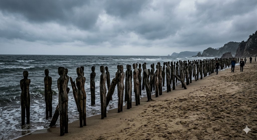 [A gloomy and mysterious beach where eerie wooden stakes resembling human figures are washed ashore in a long line under a heavily clouded gray sky]