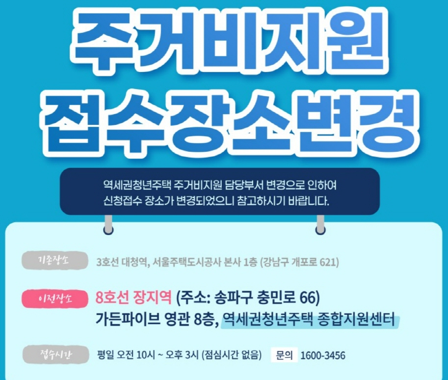 주거비지원 접수장소 변경 안내 이미지입니다.