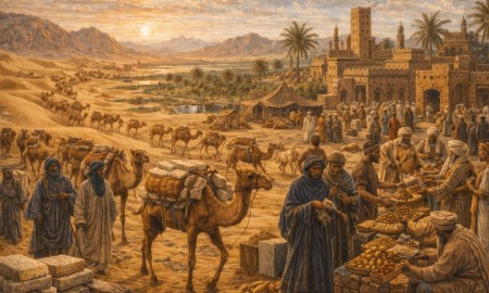 고대 사하라 사막의 오아시스 도시에서 소금과 금을 거래하는 장면