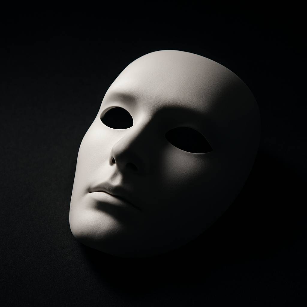 어두운 배경 위에 흰색 가면이 비스듬히 놓이고, 위에서 내려온 빛에 의해 부드러운 그림자가 드리워진 이미지