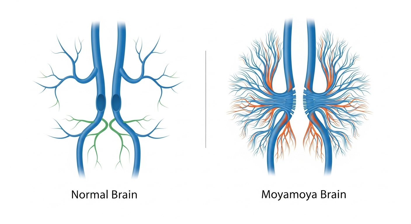 정상 뇌와 모야모야병 환자의 뇌혈관을 비교한 다이어그램. 정상 혈관은 굵고 깨끗하며, 모야모야 혈관은 가늘고 복잡하게 얽혀있습니다.