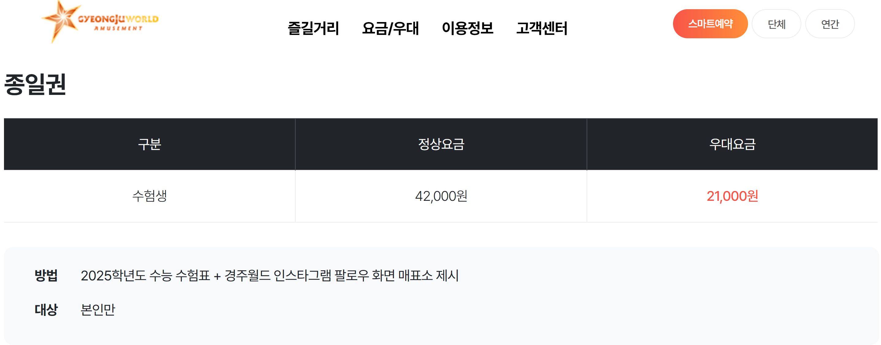 수험생할인혜택 경주월드