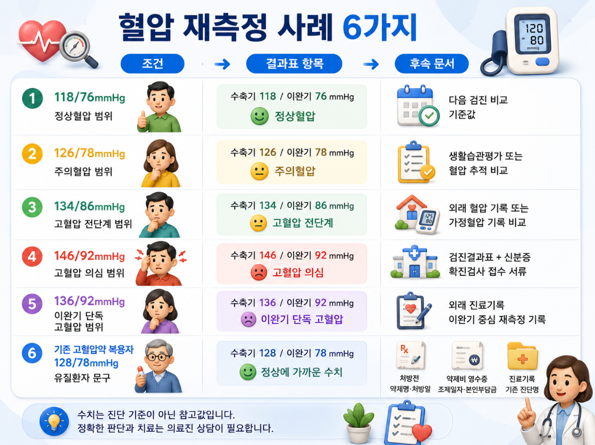 118/76부터 136/92와 기존 고혈압약 복용자 사례까지 혈압 재측정 결과 해석을 정리한 인포그래픽