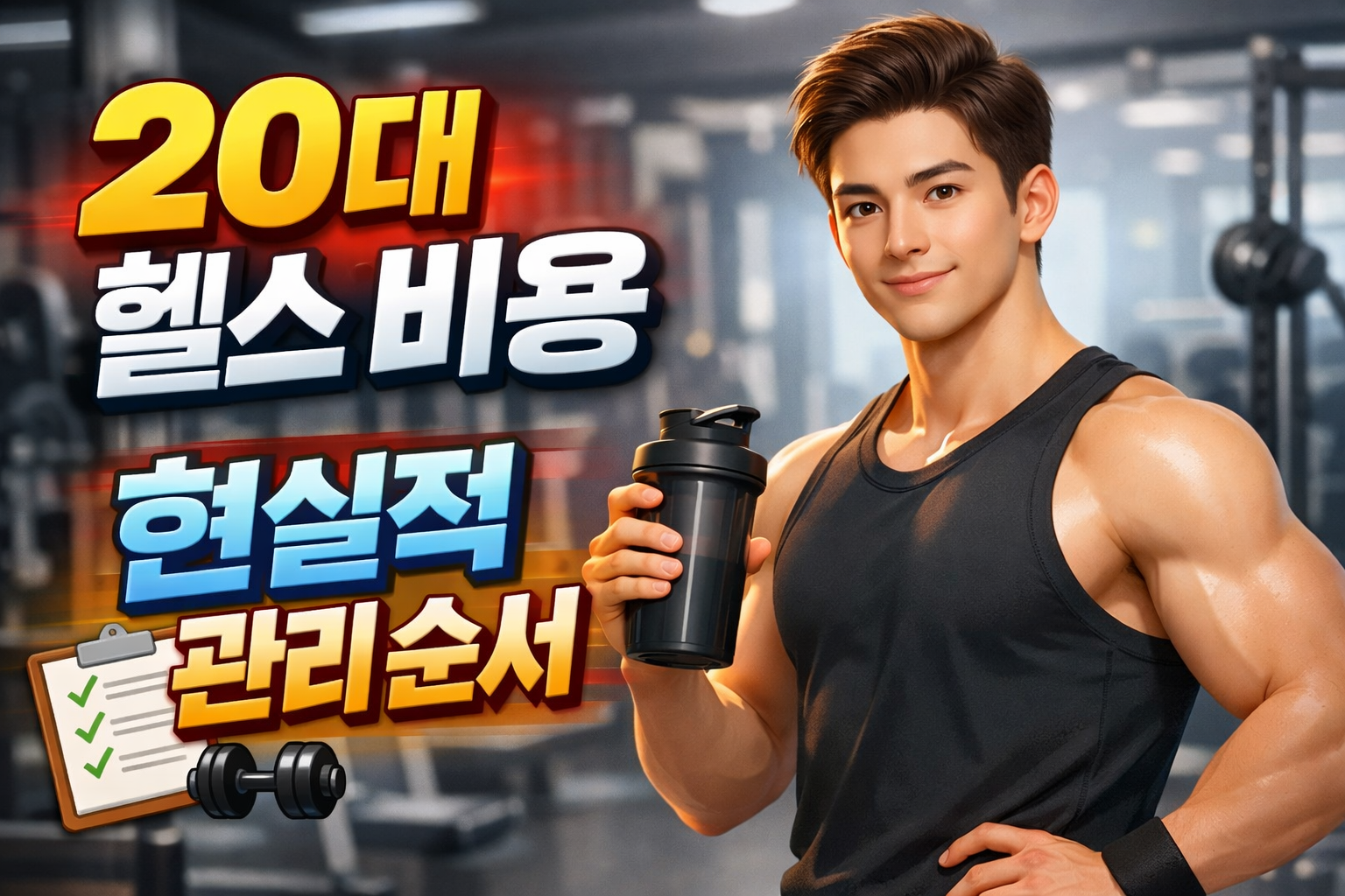 20대 헬스 비용 관리 순서를 설명하는 3D 캐릭터 헬스장 썸네일 이미지