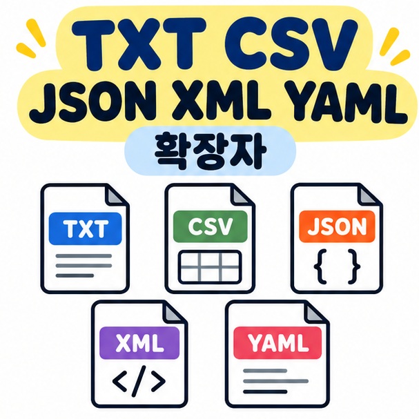 TXT CSV JSON XML YAML 확장자 문구와 다섯 종류의 파일 아이콘을 보여주는 대표 카드