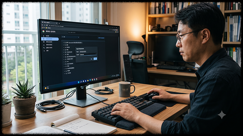 크롬 북마크 관리자에서 북마크를 HTML 파일로 내보내는 모습