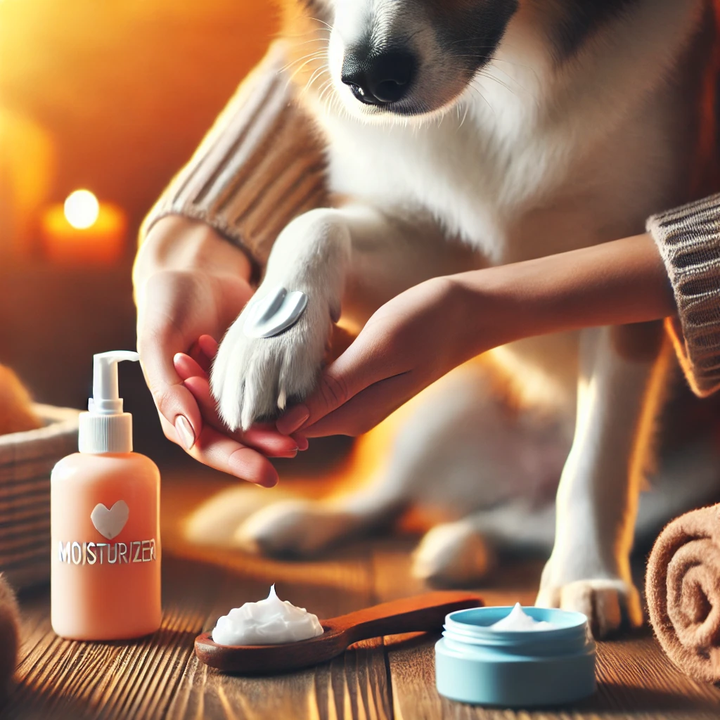 강아지 발바닥과 털에 보습제를 바르는 보호자