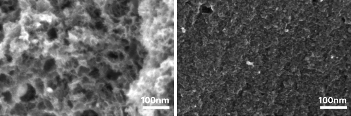 소니 Triporous와 활성탄 단면 비교