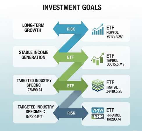 다양한 투자 목표 (장기 성장, 안정적 수익, 특정 산업 투자)를 화살표로 나타내고, 각 목표에 맞는 ETF 아이콘들이 연결된 이미지