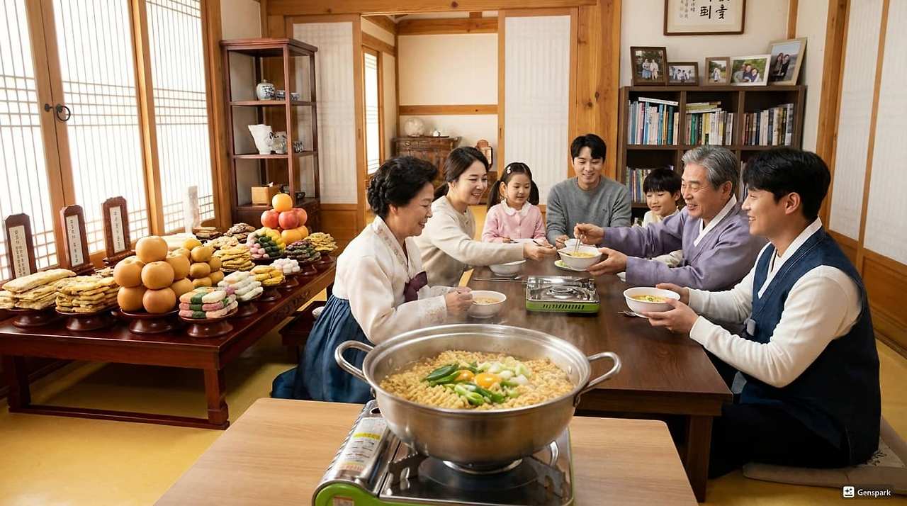 설날 차례상 옆에 라면 냄비가 놓인 훈훈한 가족 밥상