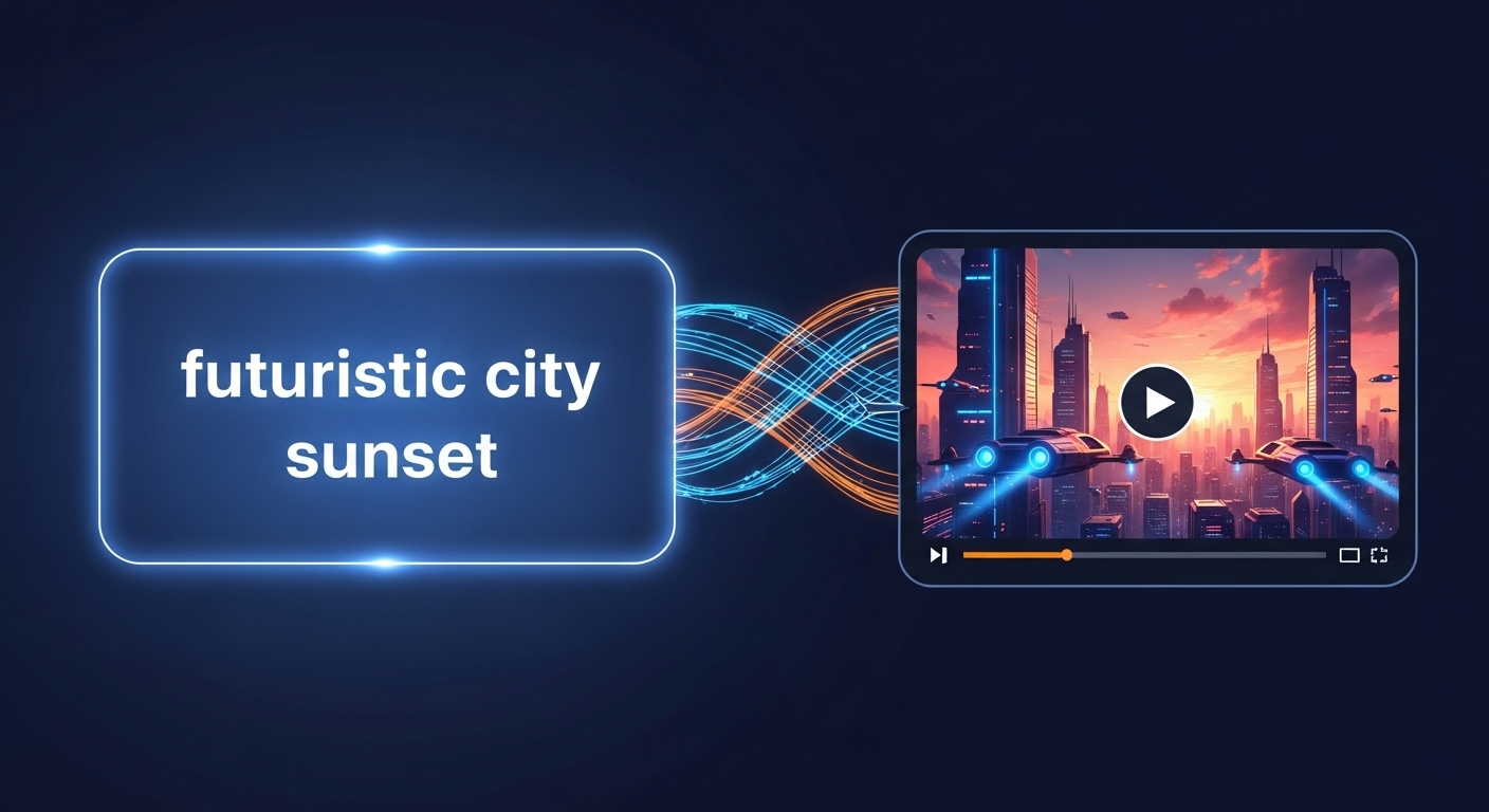 LM 아레나의 AI 비디오 생성 기능을 상징하는 이미지. 텍스트 프롬프트가 미래 도시의 역동적인 짧은 영상으로 변환되는 과정을 시각적으로 표현하여, 아이디어에서 영상까지 무료 AI 파이프라인을 보여준다.