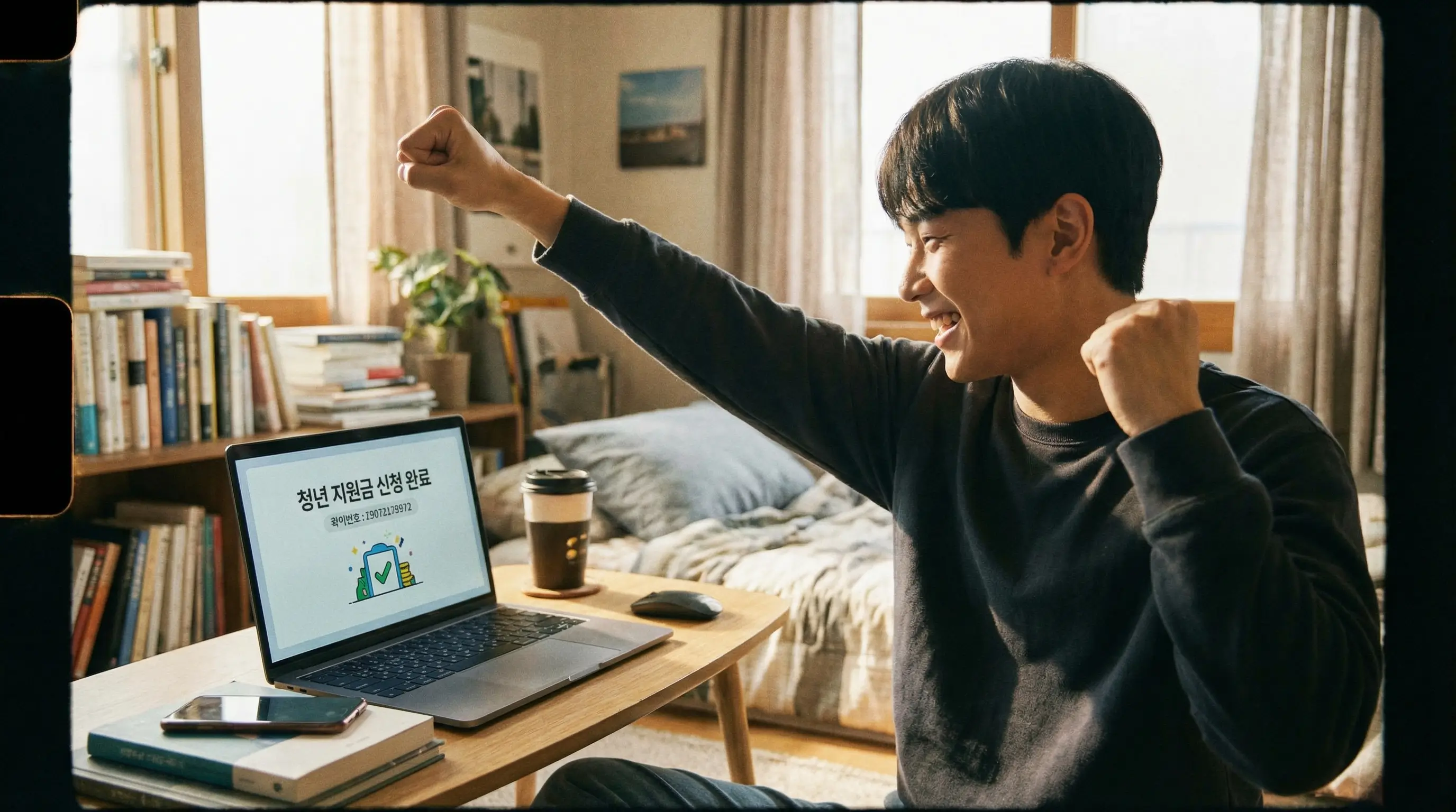 노트북 화면에 청년 지원금 신청 완료 메시지가 떠 있고 주먹을 불끈 쥐며 파이팅하는 청년의 모습