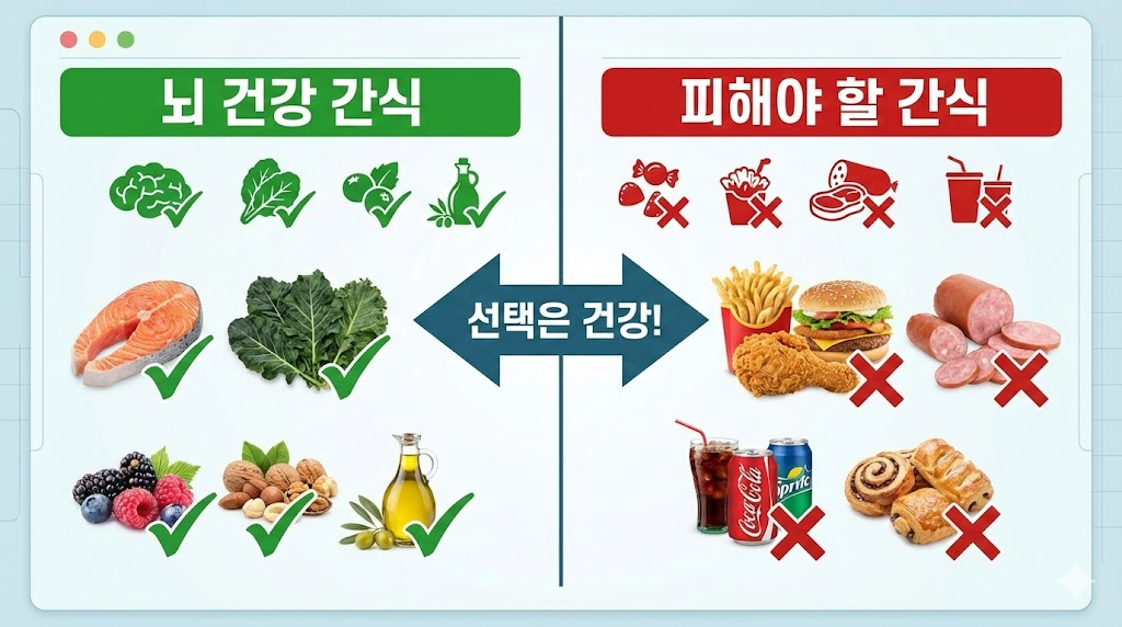 뇌 건강에 좋은 식품(블루베리, 견과류)과 해로운 식품(설탕, 튀김)을 명확하게 대조한 그래픽 화면