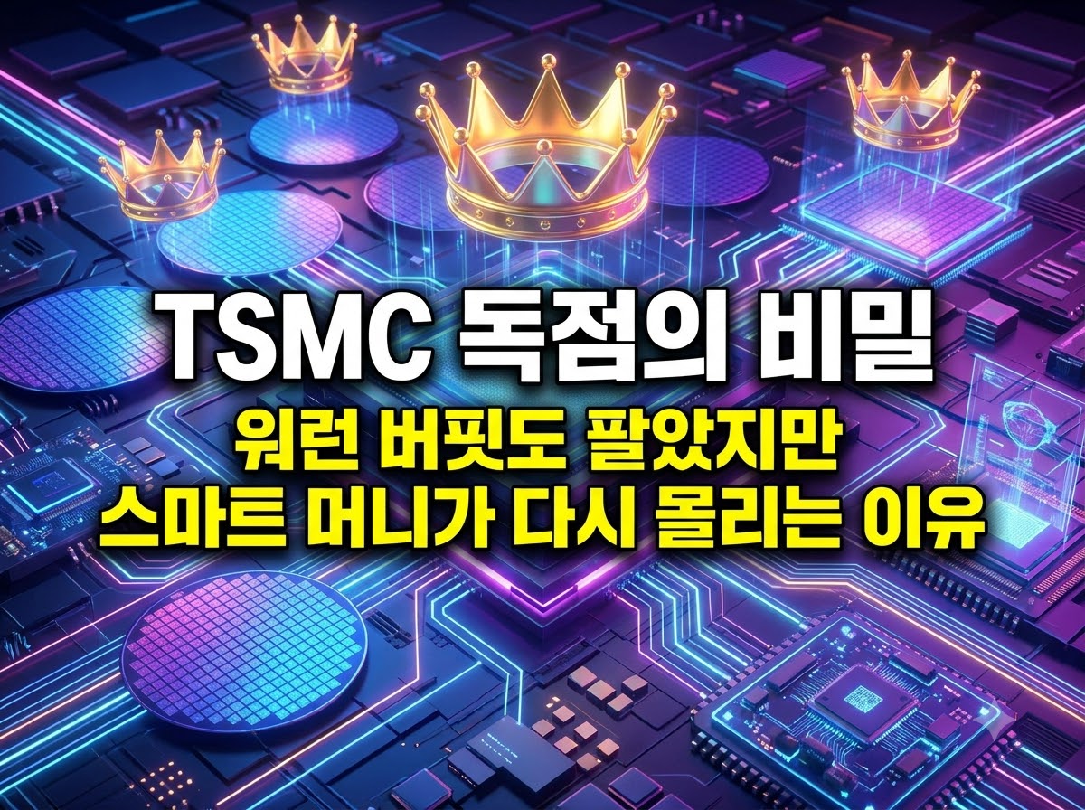 미래지향적인 반도체 웨이퍼 배경에 'TSMC 독점의 비밀'이라는 카피 문구가 적힌 AI 반도체 투자 분석 블로그 썸네일 이미지