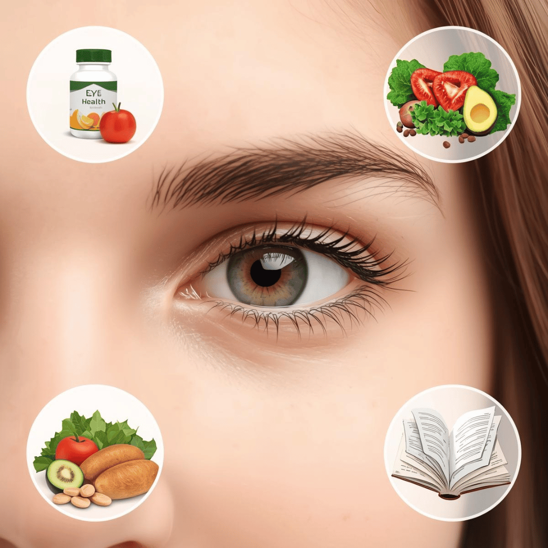 밝고 활기찬 눈을 가진 사람의 클로즈업과 함께 영양제, 건강한 식단, 책 읽는 모습 등 눈 건강을 위한 다양한 생활 습관이 균형을 이루는 일러스트
