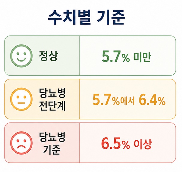 A1C 5.7% 미만은 정상, 5.7%에서 6.4%는 당뇨병 전단계, 6.5% 이상은 당뇨병 기준이라는 내용을 정리한 이미지