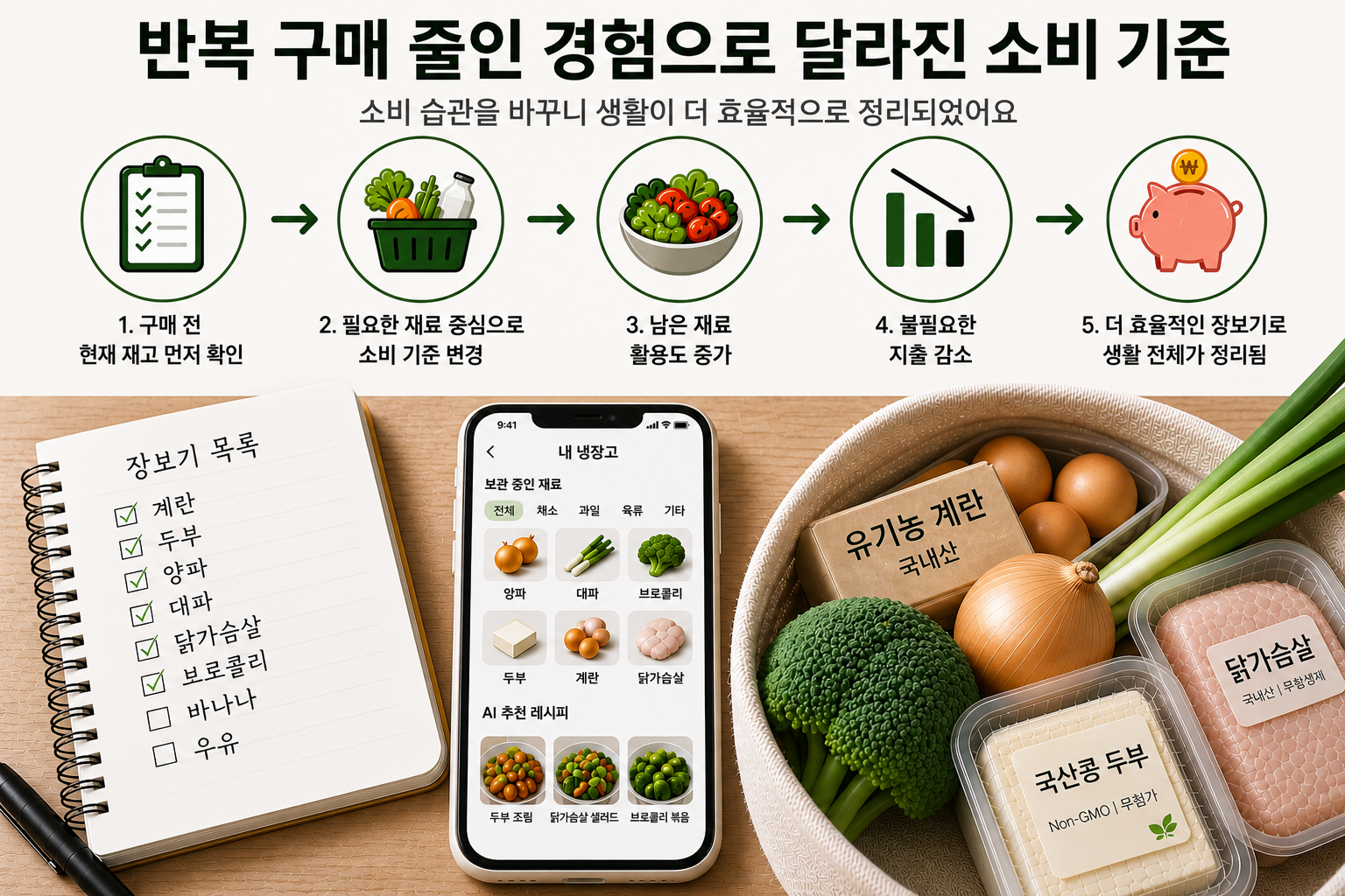 스마트폰으로 정리된 장보기 목록을 확인하는 모습