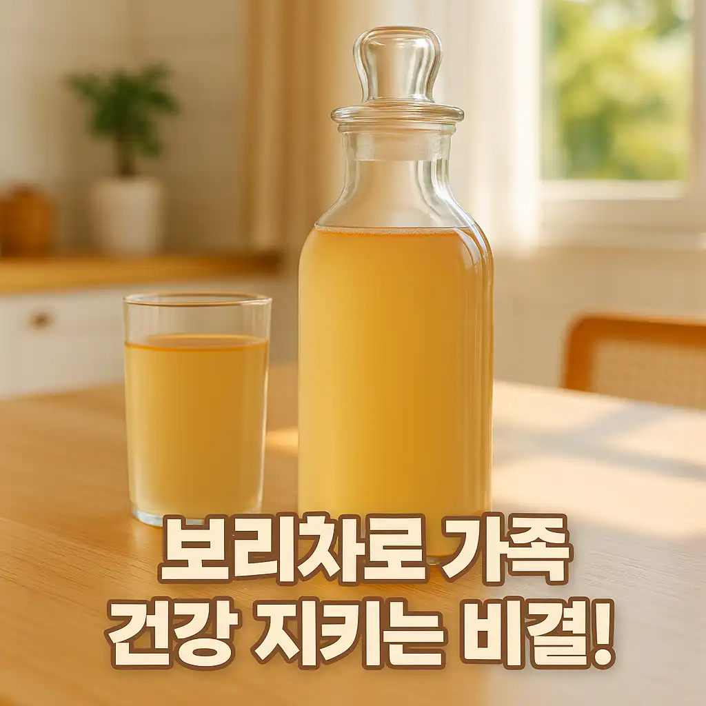 유리병에 담긴 보리차와 식탁 위 컵 - 보리차 효능과 건강 음료