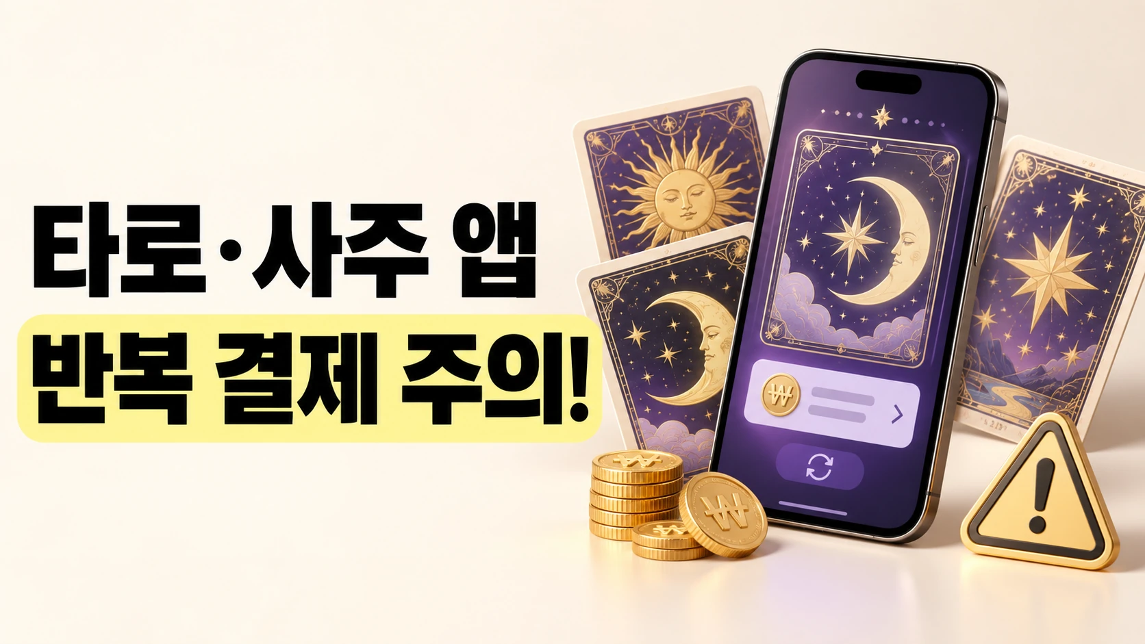 스마트폰 속 운세 결제 화면과 타로 카드, 금전 동전이 배치된 썸네일 이미지로, 타로&middot;사주 앱 반복 결제 주의 문구가 적혀 있는 모습