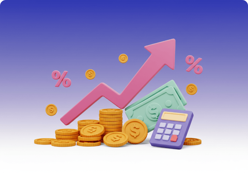 위로 향하는 화살표와 쌓인 금화와 지폐, 주변에 떠있는 계산기와 퍼센트 기호가 있는 3D 금융 개념 아이콘