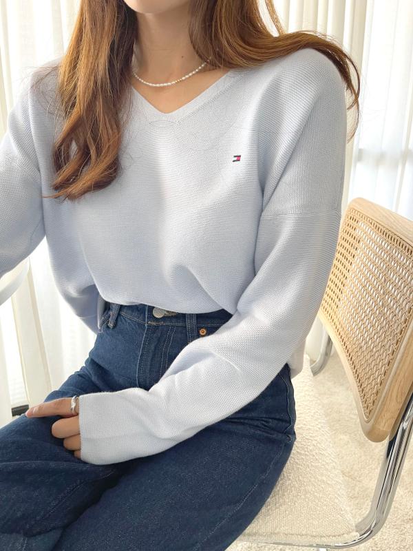 타미힐피거 여성 브이넥 코튼 니트 스웨터 2색
