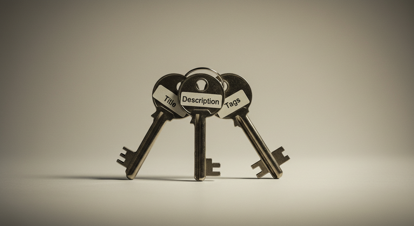 제목&middot;설명&middot;태그를 각각 다른 형태의 열쇠로 표현한 미니멀한 상징 이미지