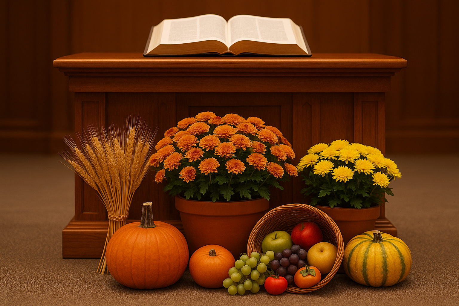 &ldquo;교회 강대상 위에는 성경만 단정히 놓여 있고, 강대상 아래에는 국화꽃과 벼 이삭, 과일 바구니가 풍성하게 장식된 모습. 추석 감사예배 분위기를 담은 장면.&rdquo;