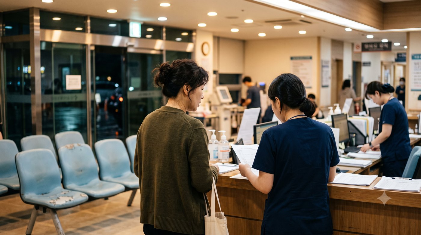 추석 연휴 밤 병원 응급의료센터 접수 창구에서 안내를 받는 보호자