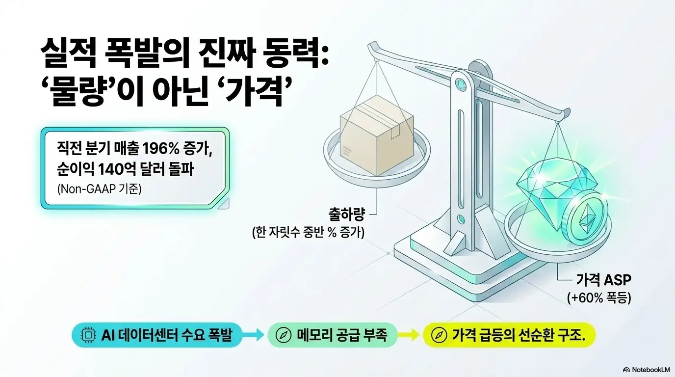 마이크론 실적 발표 결과: &amp;#39;실적 폭발의 진짜 동력은 물량이 아닌 가격&amp;#39;이라는 문구와 저울 일러스트가 담긴 이미지. 이 이미지는 마이크론 직전 분기 매출 196% 증가가 출하량이 아닌 D램 가격 60% 상승에서 나왔다는 구조를 시각적으로 전달하며&amp;#44; 블로그의 마이크론 실적 동력과 관련된 내용을 설명함 