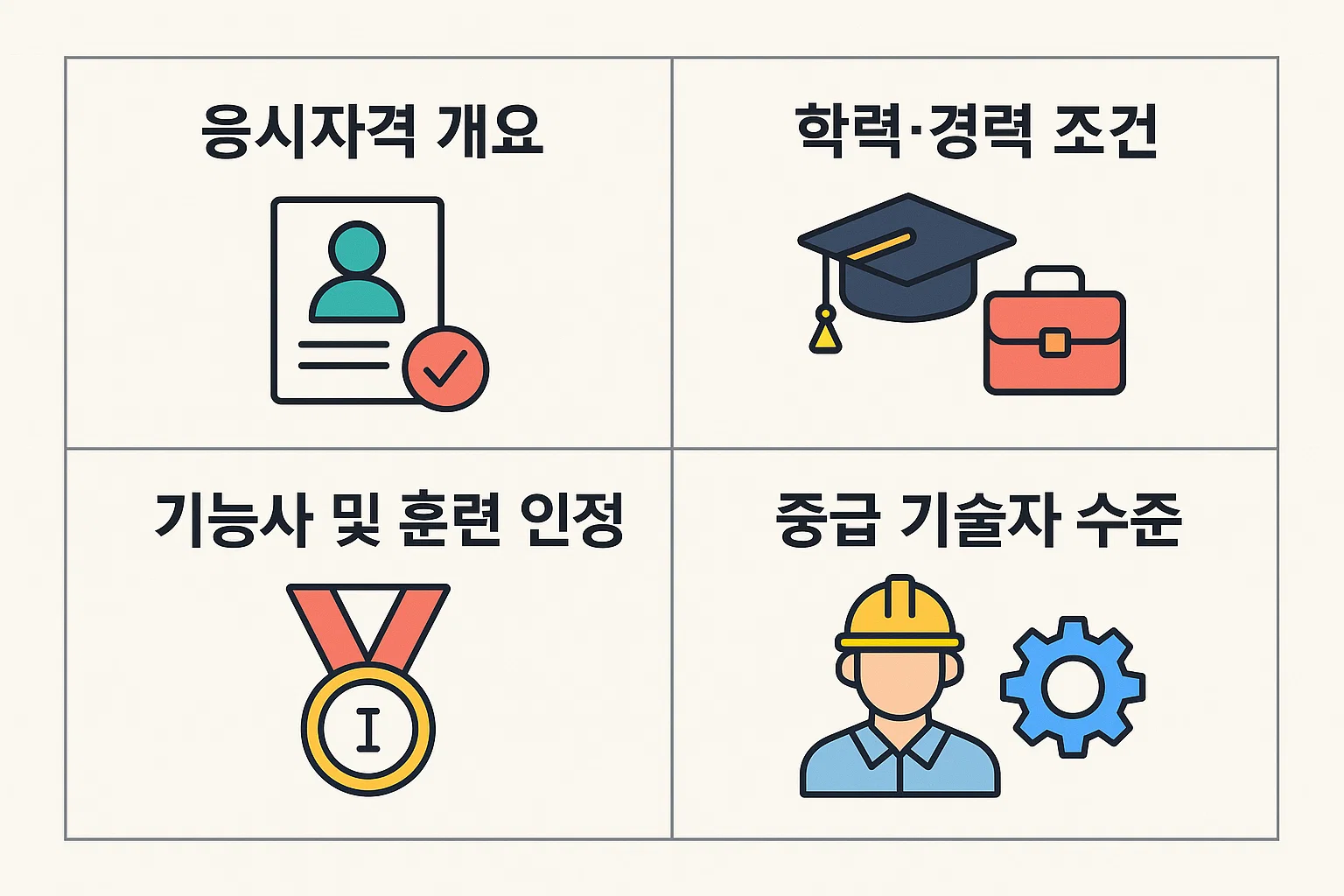학력 및 경력 조건, 기능사 및 훈련 인정, 중급 기술자 수준 등 정보처리산업기사 응시를 위한 기본 자격 요건을 정리한 인포그래픽.