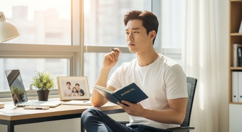 책상 앞에서 통장과 펜을 들고 있는 청년