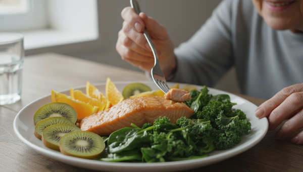 구운 연어, 신선한 녹색 채소, 오렌지 등 비타민C 풍부한 과일로 구성된 시니어 건강 식단 클로즈업