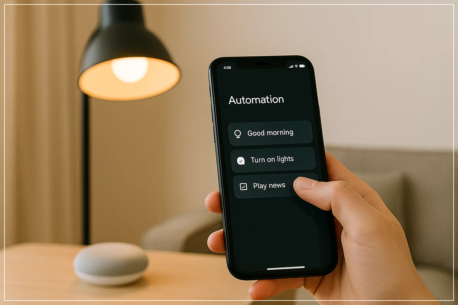 스마트폰으로 조명 켜기와 뉴스 재생이 포함된 루틴을 실행하는 장면