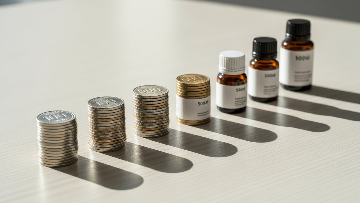 깔끔하게-쌓인-한국-동전-더미와-작은-중립색-병들이-나란히-줄지어-있어-서로-다른-가격대를-시각적으로-암시하며,-부드러운-그림자가-드리워진-깨끗한-책상-위에-놓여-있습니다.