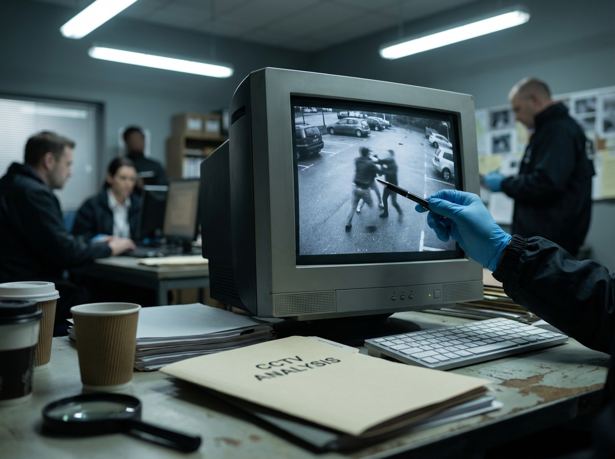A close-up of a Gloved hand reviewing surveillance footage on a monitor in a serious investigation room, symbolizing the search for truth.
