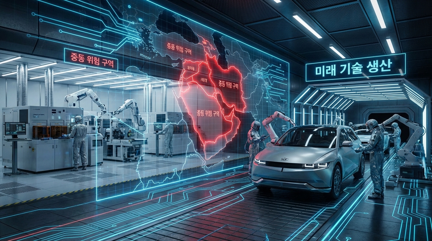 이란 전쟁으로 인한 한국 반도체 및 자동차 생산 라인의 공급망 위기 시각화