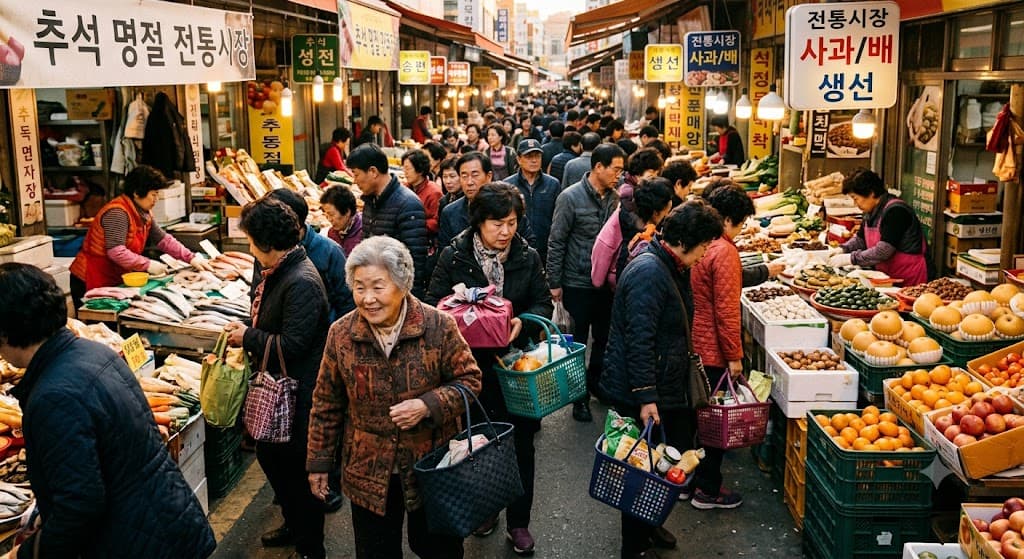 추석 명절 앞둔 재래시장에서 장바구니를 든 사람들이 붐비는 모습, 따뜻한 색감의 다큐멘터리 사진 스타일