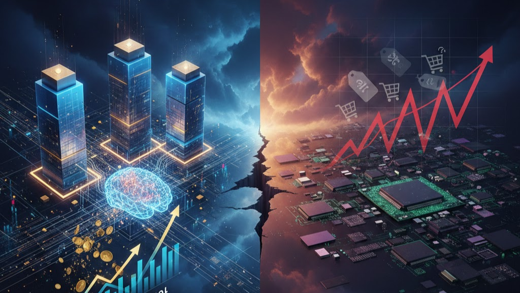 중앙의 균열을 경계로 왼쪽에는 수직으로 높게 솟은 HBM 반도체 아파트와 화려한 AI 뇌 회로가 황금빛 상승 곡선을 그리며 빛나고 있고, 오른쪽에는 어두운 배경 속 일반 소비자용 PC 부품 위로 가파른 붉은색 물가 상승 그래프와 쇼핑카트 아이콘이 겹쳐진 반도체 시장의 양면성을 표현한 그래픽 이미지