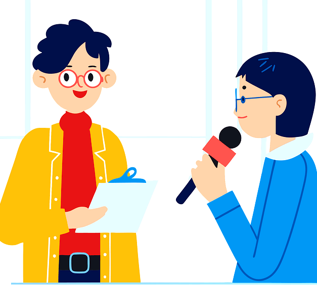 젊은 여자와 남자가 서서 인터뷰를 하고 있다. 여자는 마이크를 들고 있다.