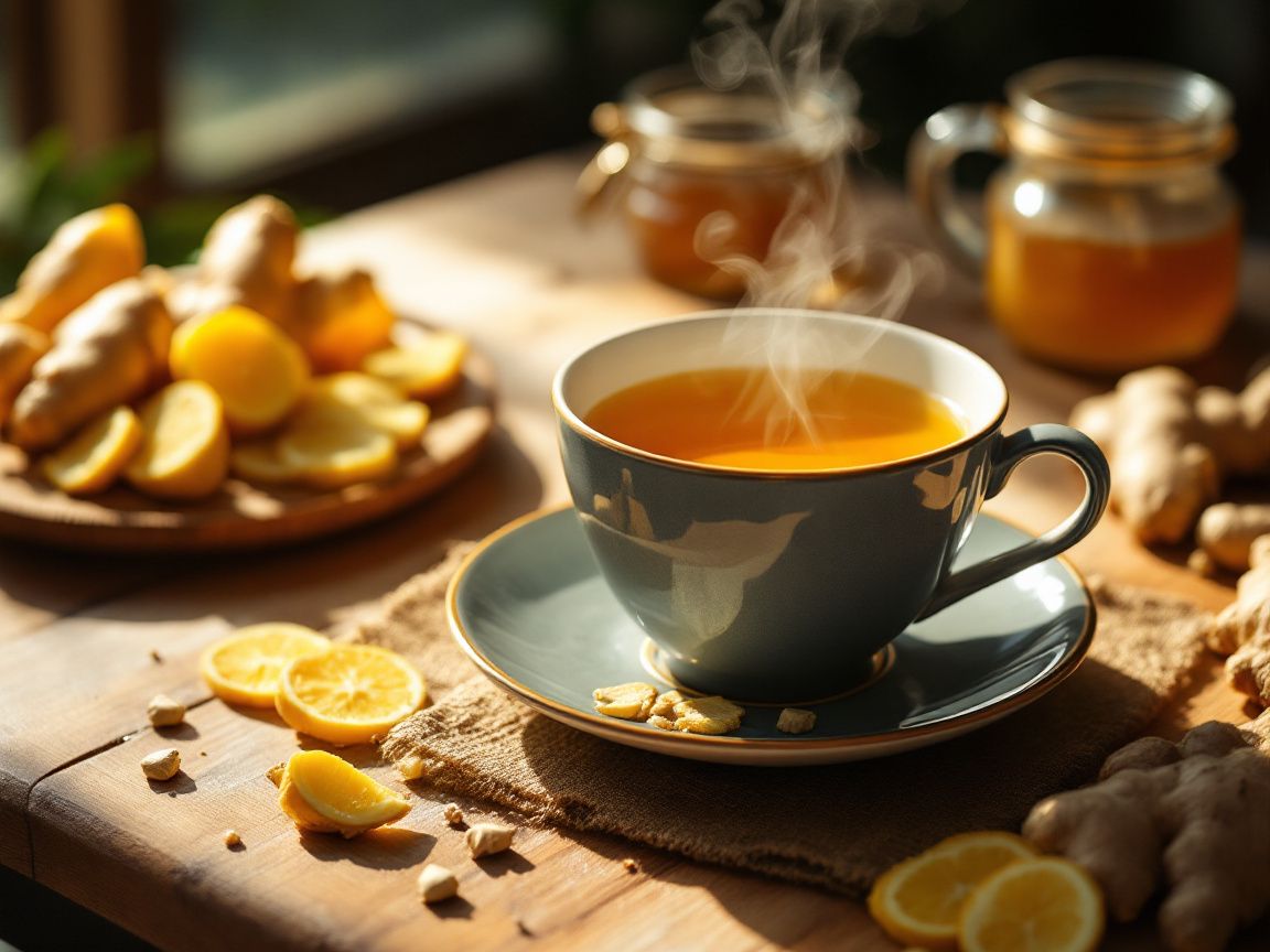 A cop of hot tea is on the table.