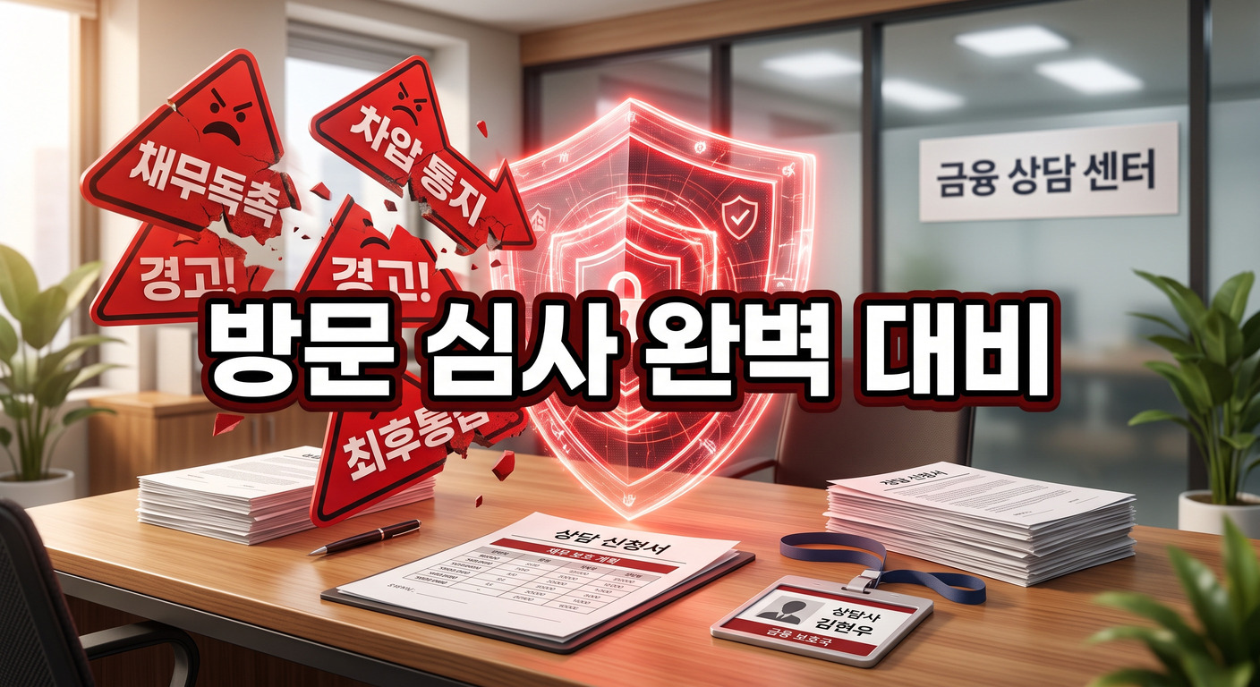 깔끔한 재무 서류와 신분증이 놓인 공식 상담 데스크 위로 빛나는 붉은색 디지털 방패가 솟아올라 빚 독촉과 압류를 상징하는 경고 표지판들을 강력하게 막아내는 3D 일러스트 배경에, 짙은 그림자와 외곽선으로 선명하게 강조된 '방문 심사 완벽 대비'라는 한글 문구가 중앙에 적힌 이미지