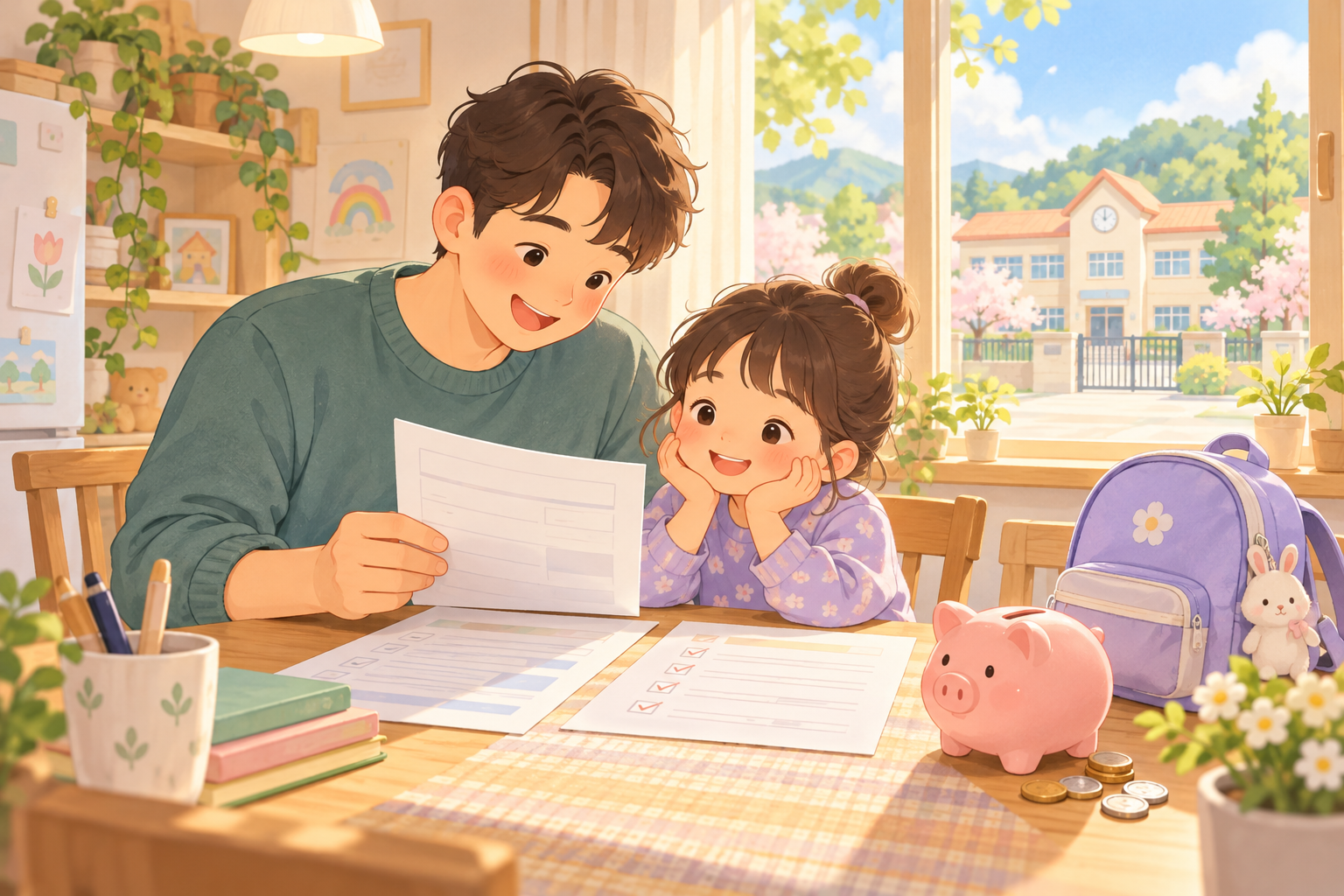 집에서 지원 신청 서류를 살펴보는 한부모 가족 일러스트